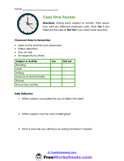 Class Choices Worksheet