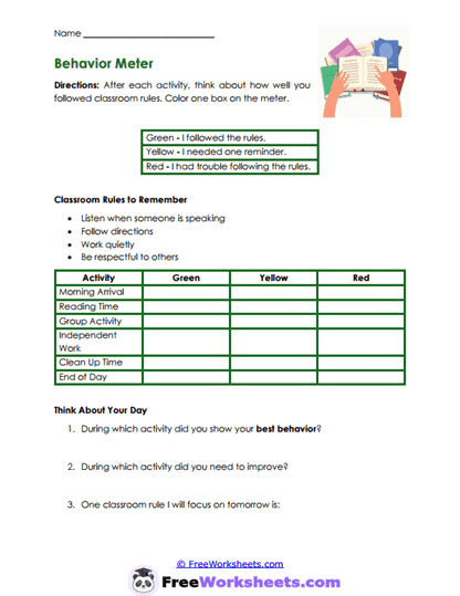 Behavior Colors Worksheet