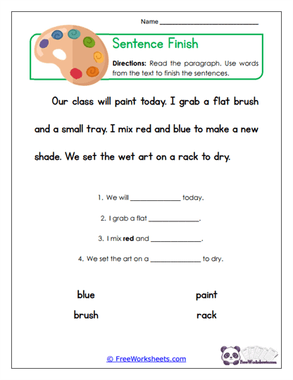 Sentence Finish Worksheet