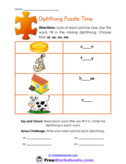 Diphthong Puzzle Time Worksheet