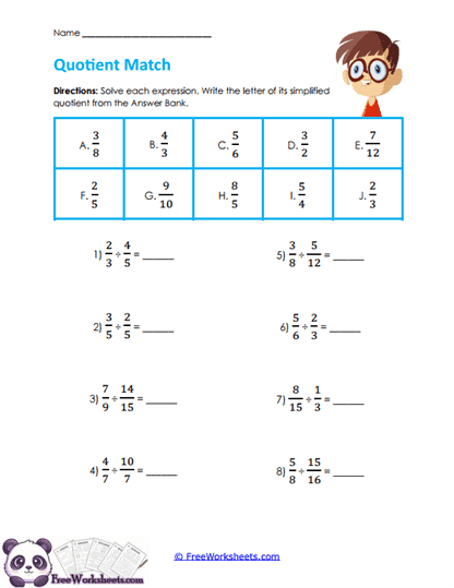Answer Bank Matching Worksheet