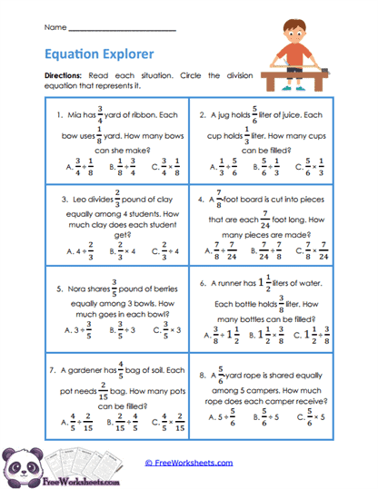 Division Expression Selection Worksheet