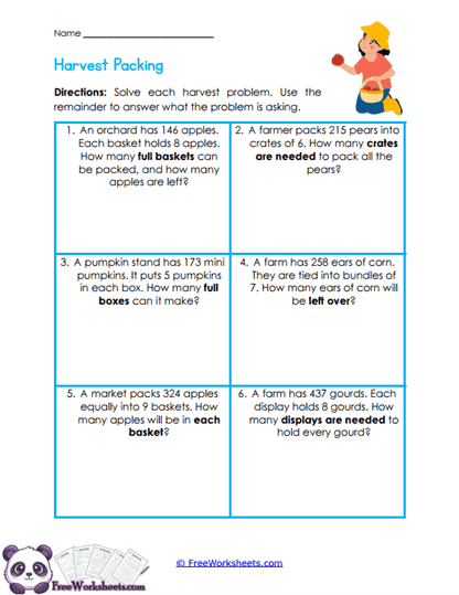 Harvest Division Stories Worksheet