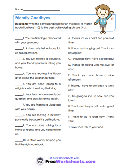 Friendly Goodbyes Worksheet