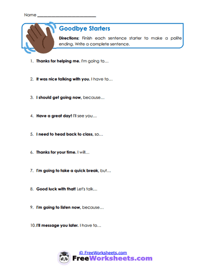 Goodbye Starters Worksheet