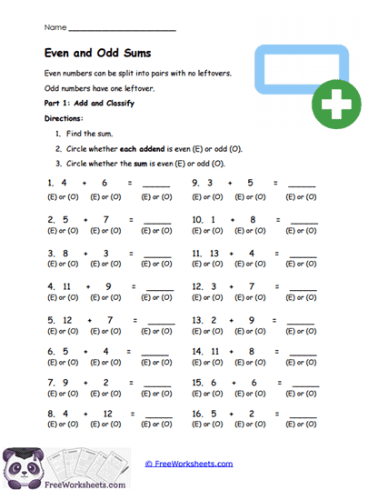 Even and Odd Sums Worksheet