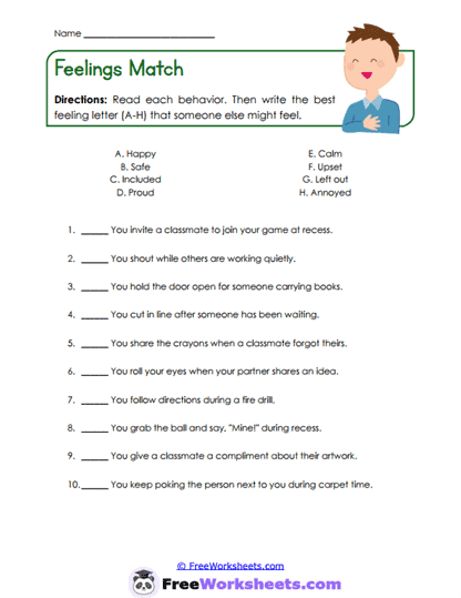 Feelings Match Worksheet