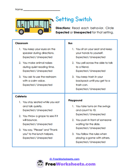Expected vs Unexpected Behaviors Worksheets