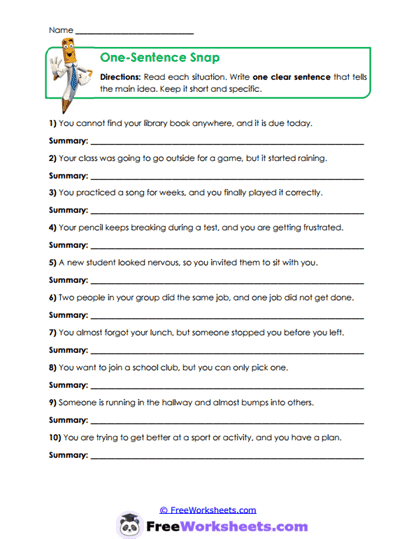 One-Sentence Snap Worksheet