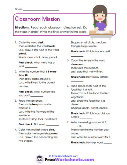 Classroom Mission Worksheet