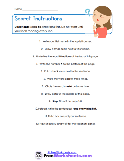 Secret Instructions Worksheet