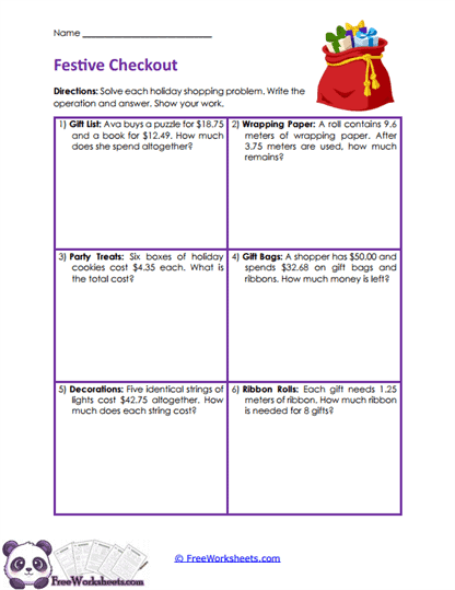 Holiday Problems Worksheet