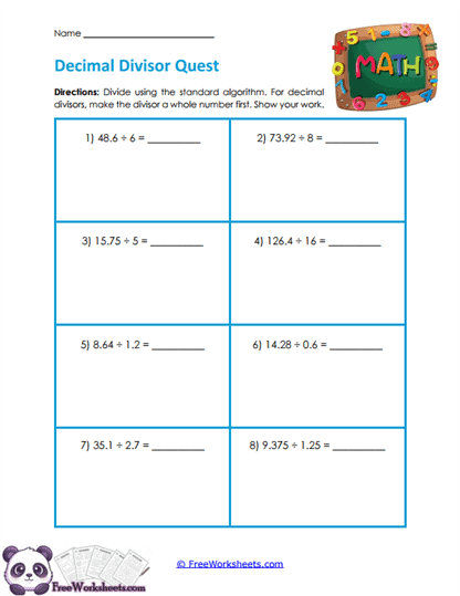 Decimal Quotients Worksheet