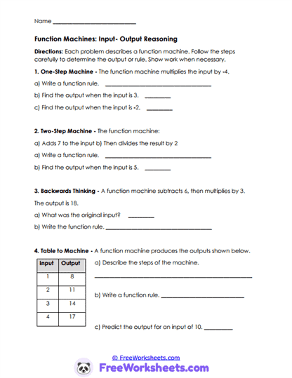 Function Machines Worksheet