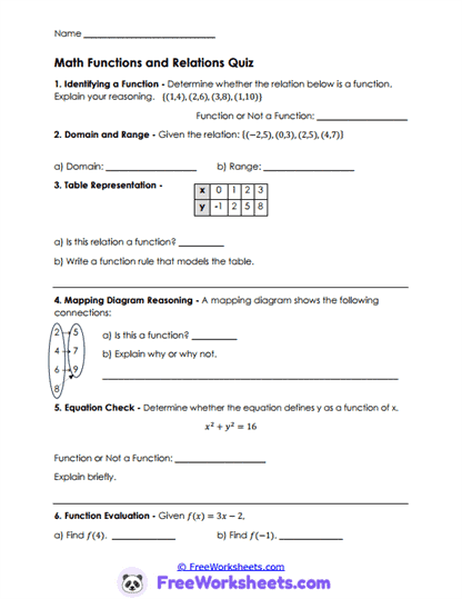 Function Quiz Worksheet