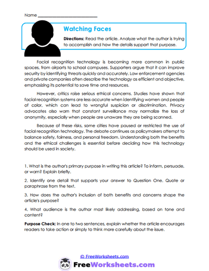 Watching Faces Worksheet