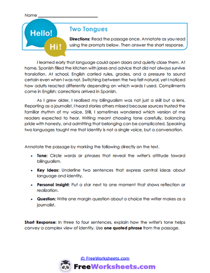 Two Tongues Worksheet