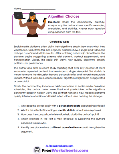 Algorithm Choices Worksheet