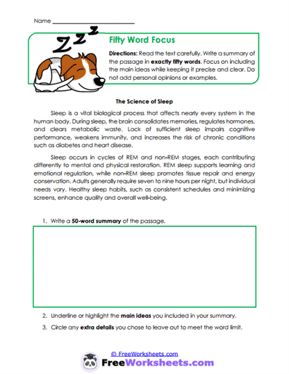 Fifty Word Focus Worksheet