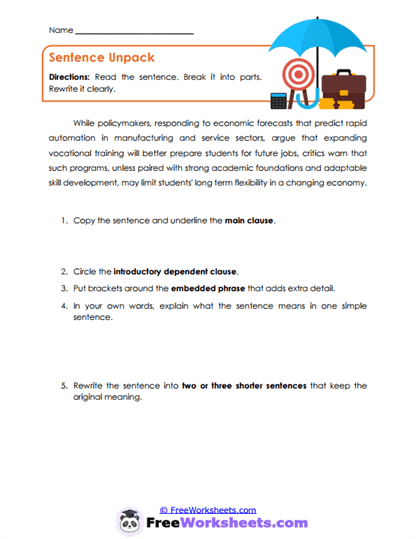 Sentence Unpack Worksheet