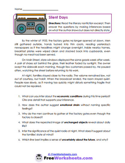 Silent Days Worksheet