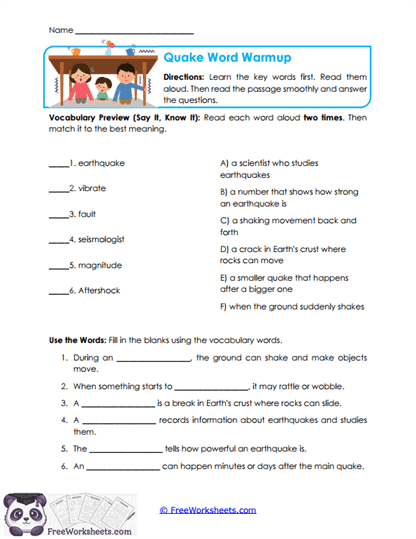 Quake Word Warmup Worksheet