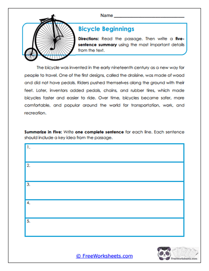 Bicycle Beginnings Worksheet