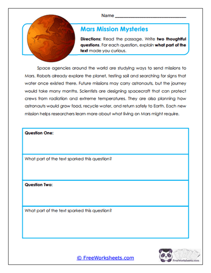 Mars Mission Mysteries Worksheet