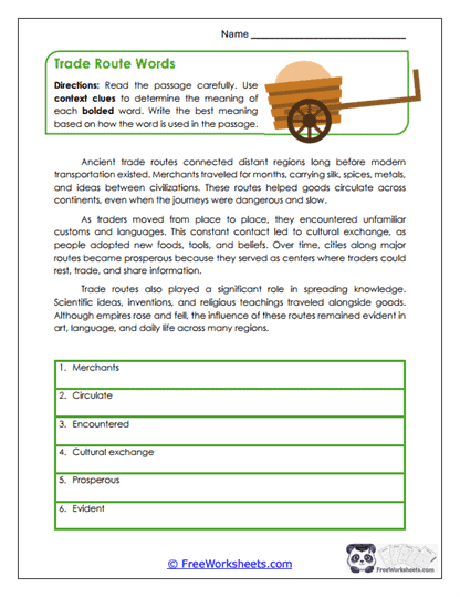 Trade Route Words Worksheet