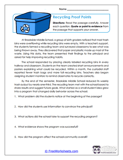 Recycling Proof Points Worksheet