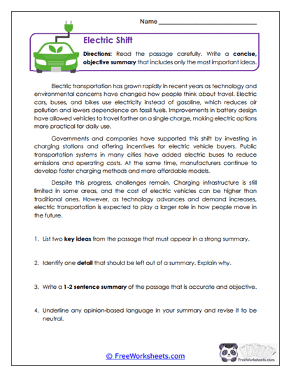 Electric Shift Worksheet