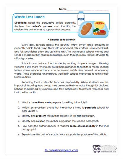 Waste Less Lunch Worksheet