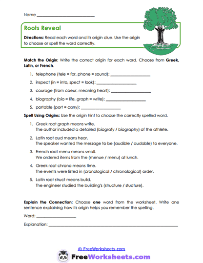 Root Origins Worksheet