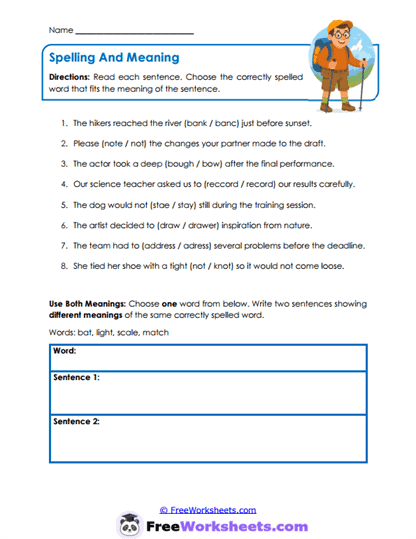 Meaning Spellings Worksheet