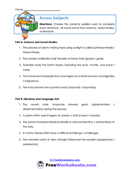 Subject Vocabulary Worksheet
