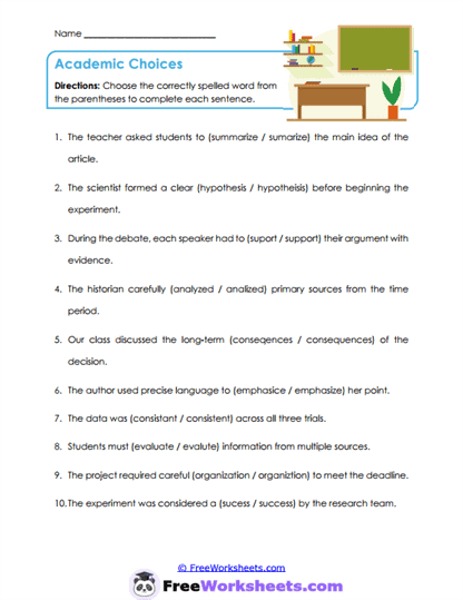 Academic Spelling Worksheet