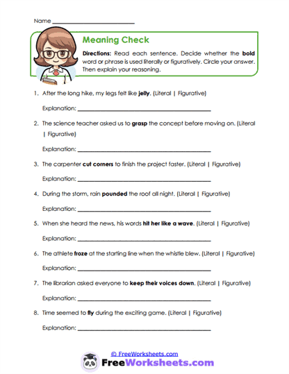 Literal Meanings Worksheet