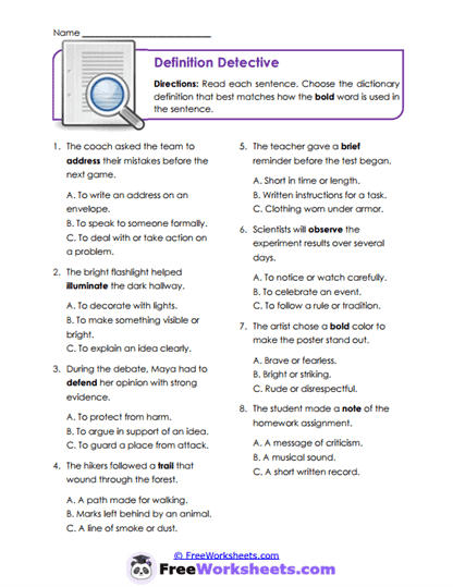 Definition Match Worksheet