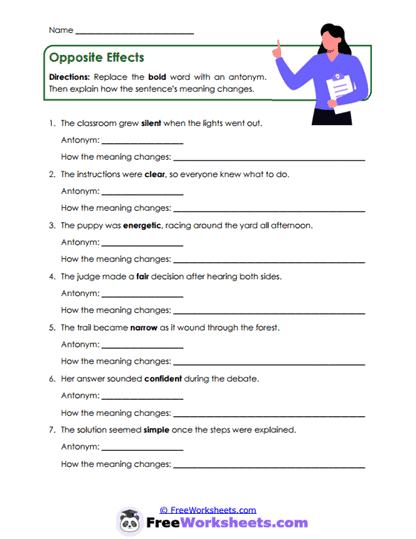 Antonym Effects Worksheet