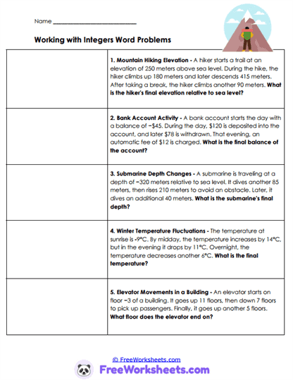 Integer Journeys Worksheet
