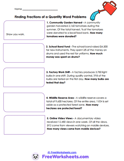 Fraction Quantity Stories Worksheet