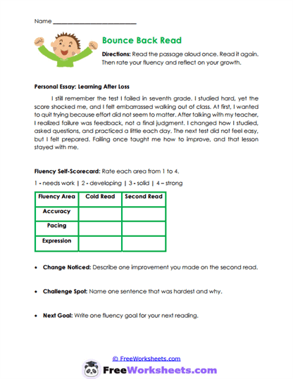 Bounce Back Read Worksheet