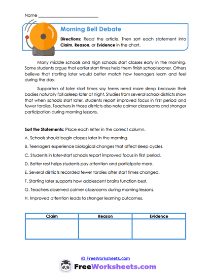 Morning Bell Debate Worksheet