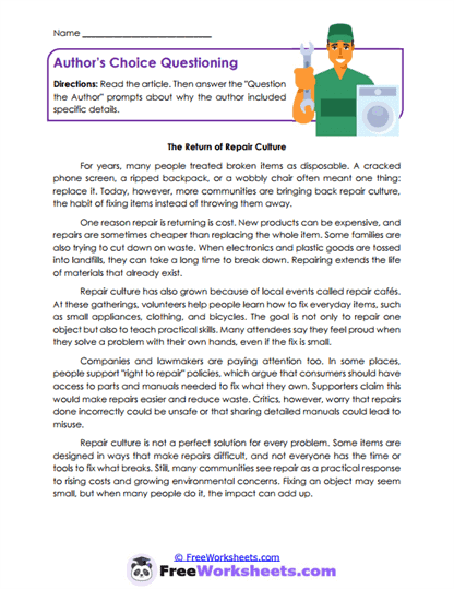 Author's Choice Questioning Worksheet