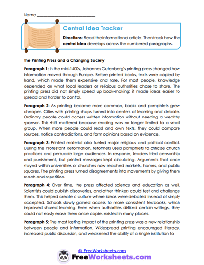 Central Idea Tracker Worksheet