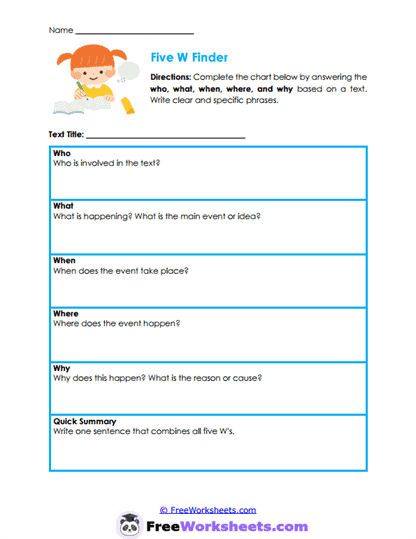 Five W Finder Worksheet