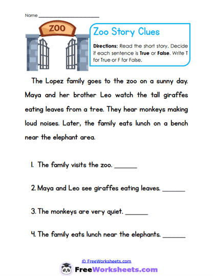 Zoo Story Clues Worksheet