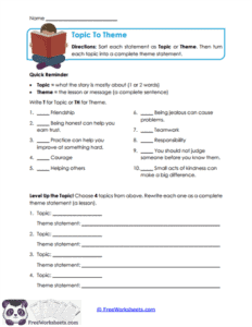 Topic to Theme Worksheet - FreeWorksheets.Com