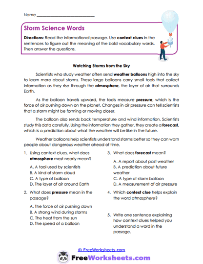 Storm Science Words Worksheet
