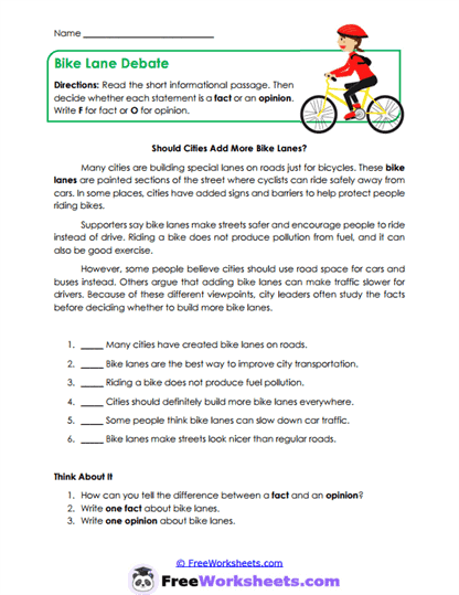 Bike Lane Debate Worksheet